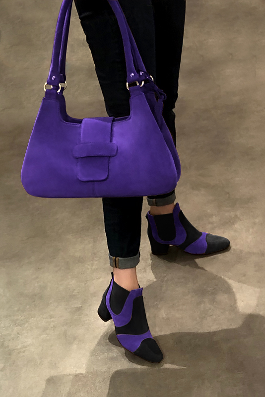 Matt black and violet purple women's ankle boots, with elastics. Round toe. Low flare heels. Worn view - Florence KOOIJMAN